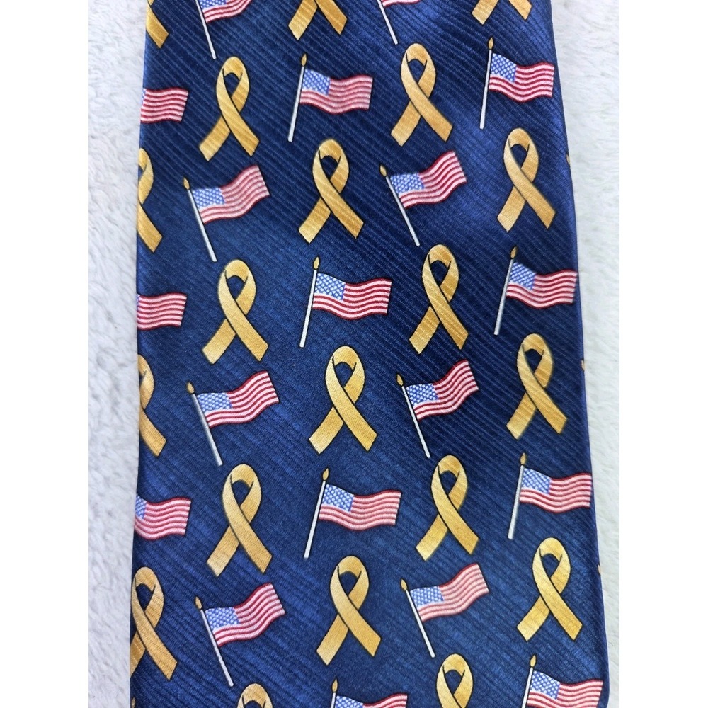 American Traditions USA Made Silk Tie Gold Ribbon American Flag Patriotic Navy - Picture 2 of 9